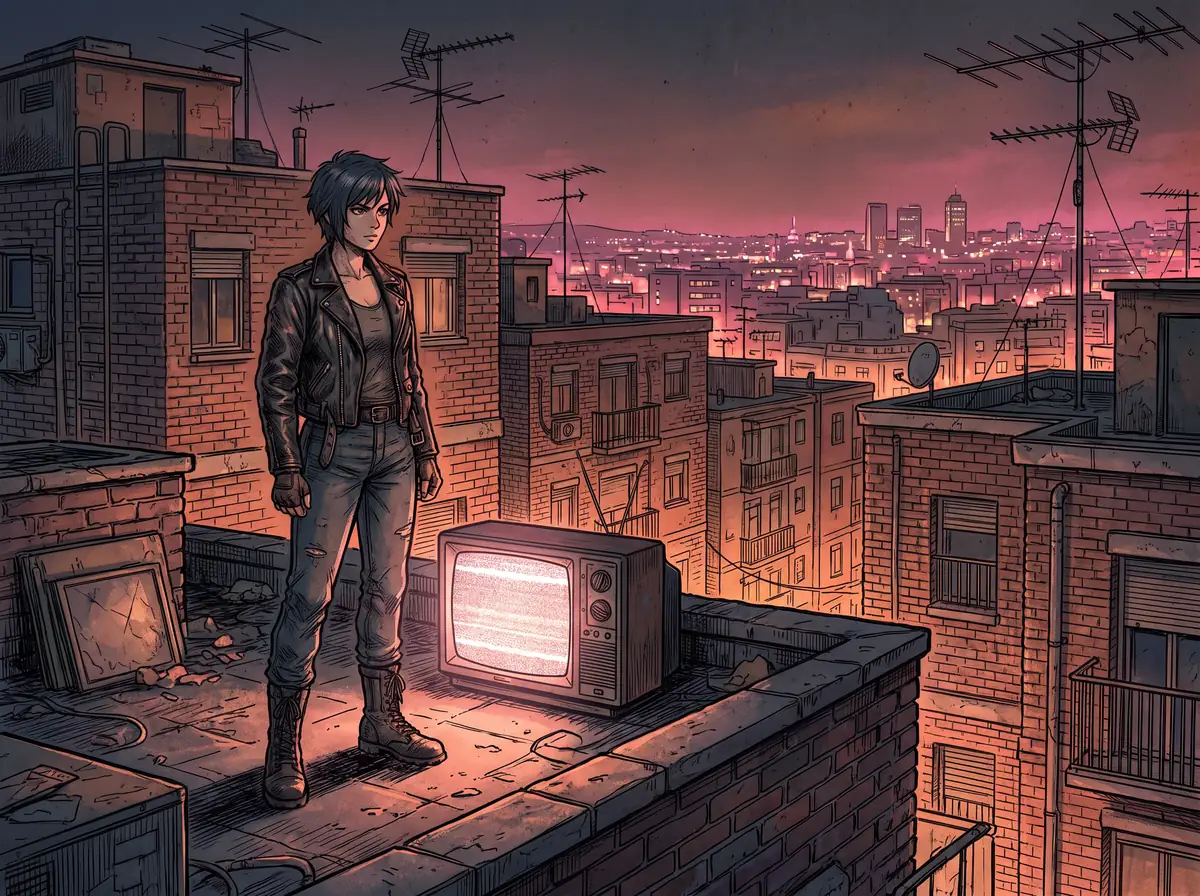 Viñeta de cómic: Kyara, con chupa de cuero, de pie en una azotea junto a un televisor encendido, con el cielo rosa de Madrid al fondo