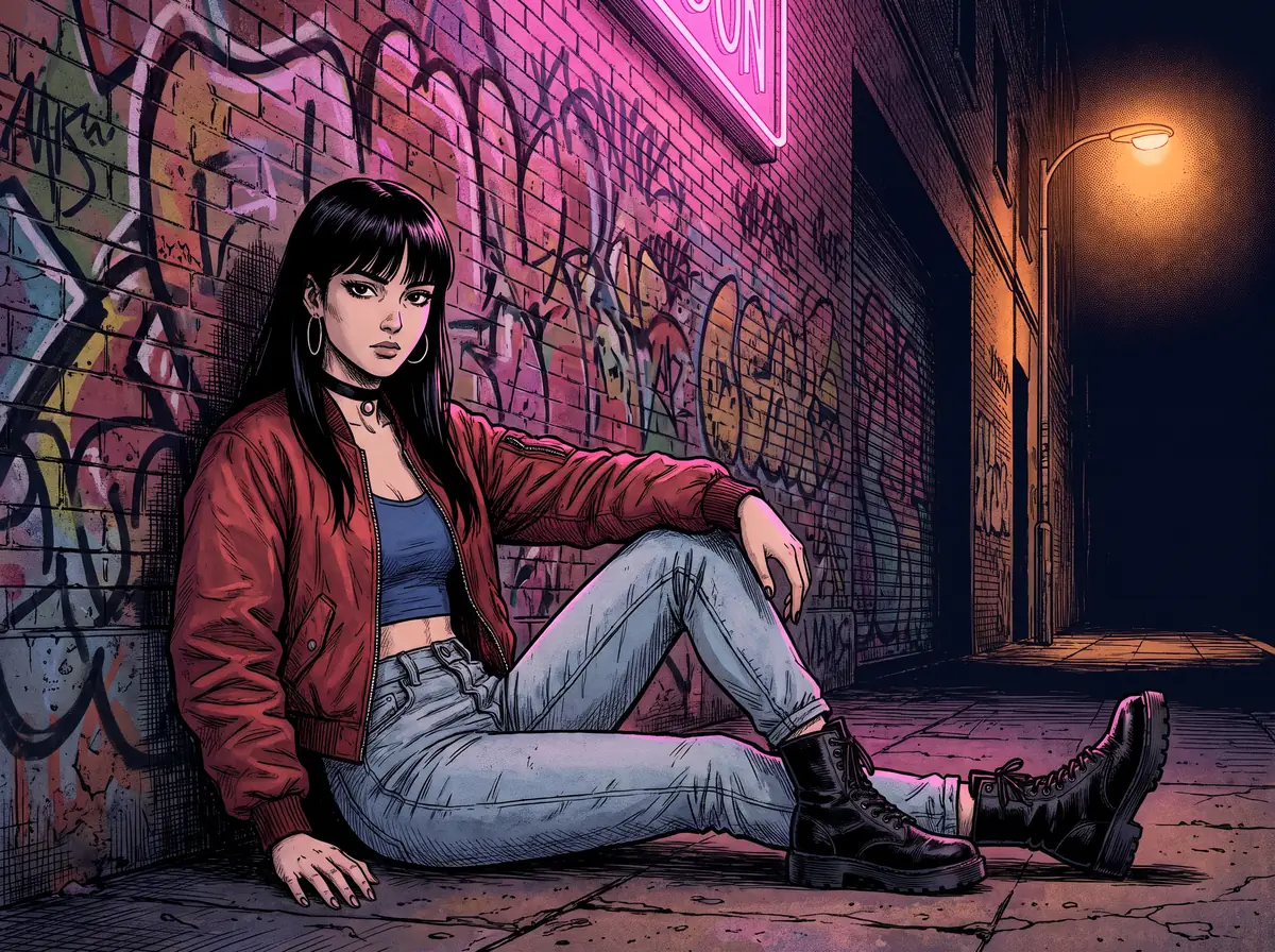 Viñeta de cómic: Nadia, con bomber roja, sentada en la acera delante de un muro de pintadas iluminado por un neón rosa
