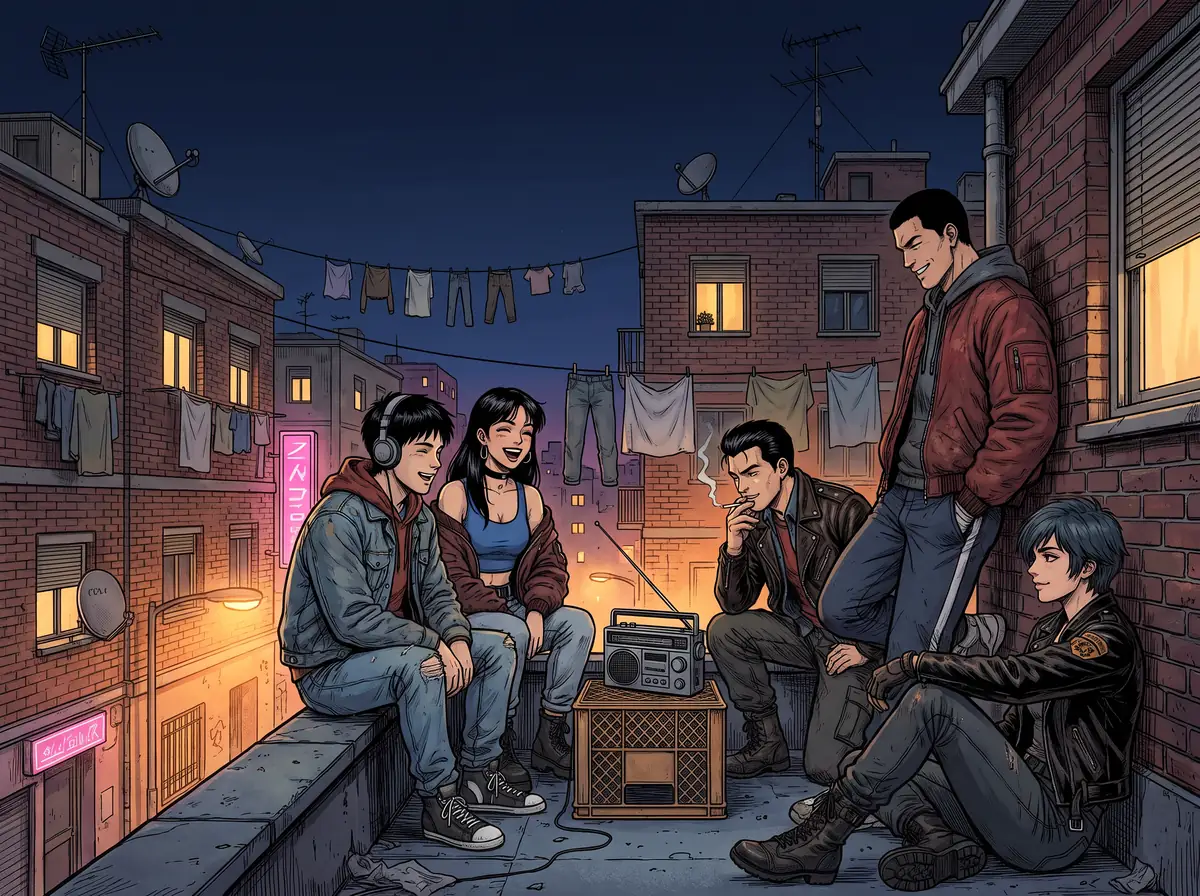 Viñeta de cómic: la pandilla reunida de noche en una azotea alrededor de un transistor, entre ropa tendida y antenas