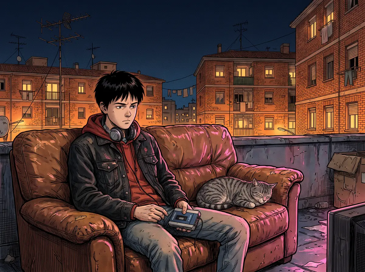 Viñeta de cómic: Rai, con los cascos al cuello y un walkman en la mano, sentado en un sofá viejo en una azotea de Vallecas de noche, con un gato dormido al lado